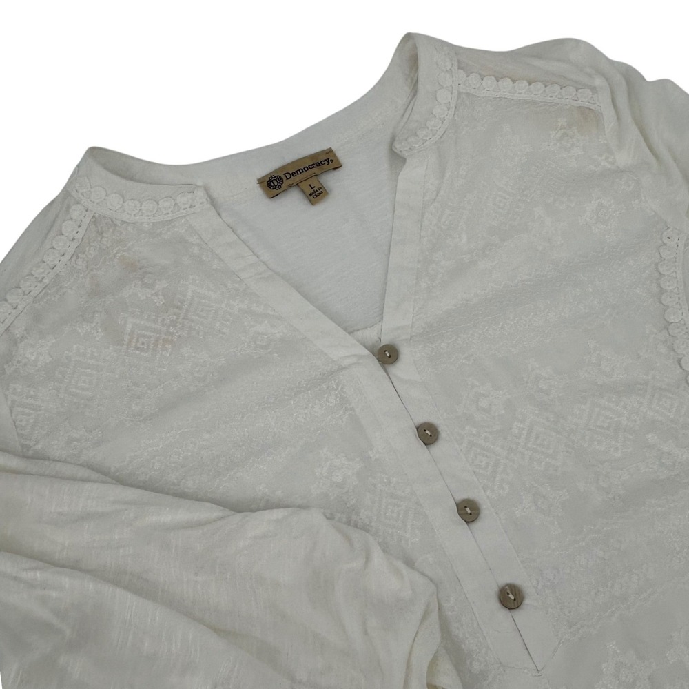 Democracy Womens White Embroidered Roll Tab Sleeve Henley Top SizeL